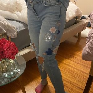 Zara floral, distressed jeans.